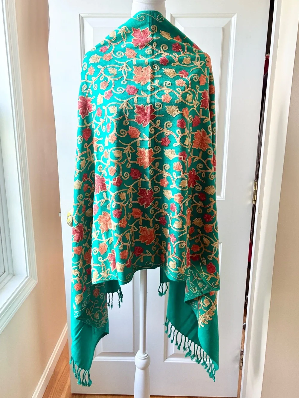 Green  Embroidered Large Scarf Shawl Wrap with Fringe Fall Leaf Motif Green